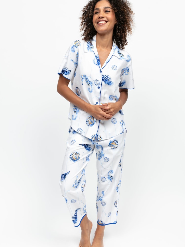 Cyberjammies Blue Sea Horse Stripe Print Short Sleeve Pyjamas Set - Image 2 of 4