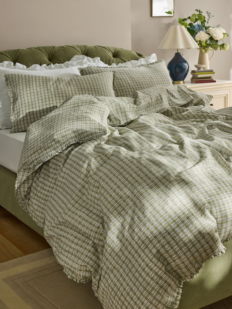 Laura Ashley Moss Green Cresswell Gingham Mini Frill 100% Cotton Duvet Cover and Pillowcase Set - Image 2 of 5 Laura Ashley Moss Green Cresswell Gingham Mini Frill 100% Cotton Duvet Cover and Pillowcase Set - Image 2 of 5