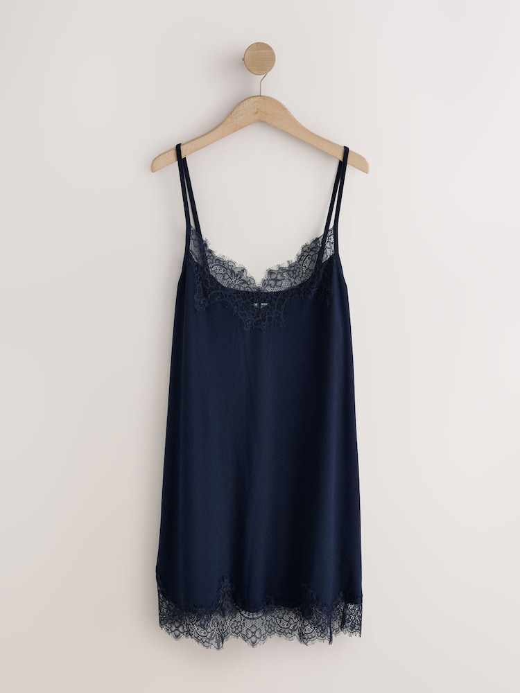 Navy Lace Detail Ribbed Slip - Image 1 of 3