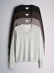 The Set 4 Pack Fine Knit V-Neck Jumpers Black - Ganache/Brown - Cinder/Grey Marl - Image 1 of 12