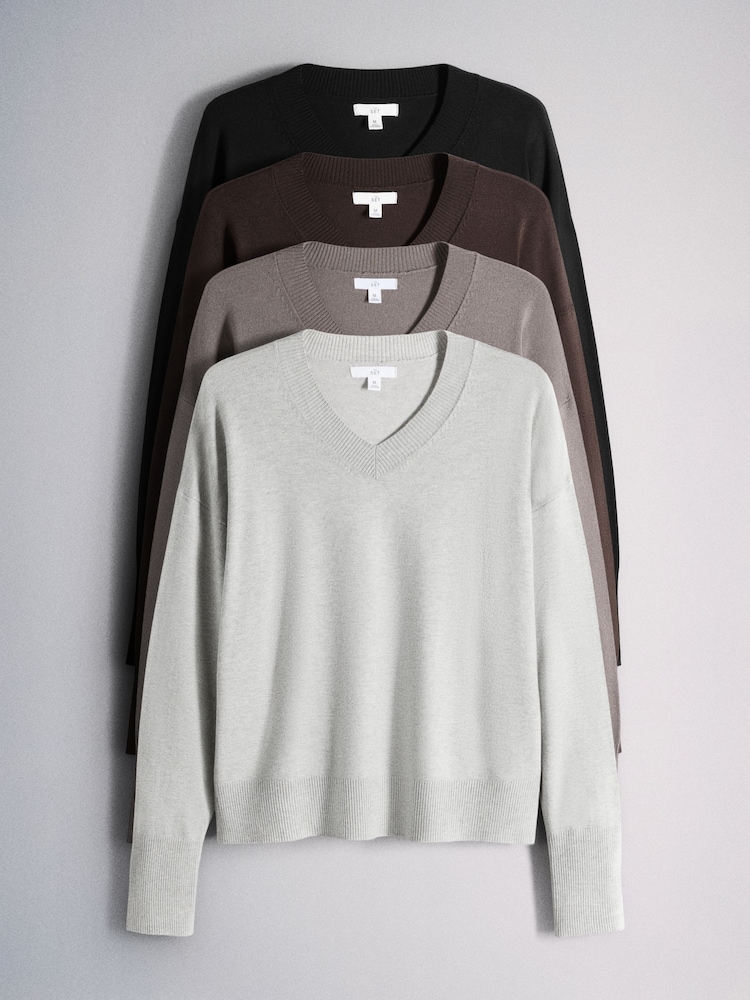 The Set 4 Pack Fine Knit V-Neck Jumpers Black - Ganache/Brown - Cinder/Grey Marl - Image 1 of 12
