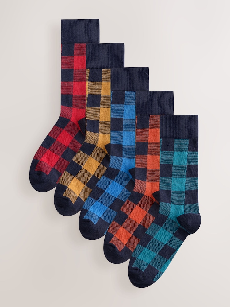 Blue/Red/Green Check Pattern Socks 5 Pack - Image 1 of 8 Blue/Red/Green Check Pattern Socks 5 Pack - Image 1 of 8