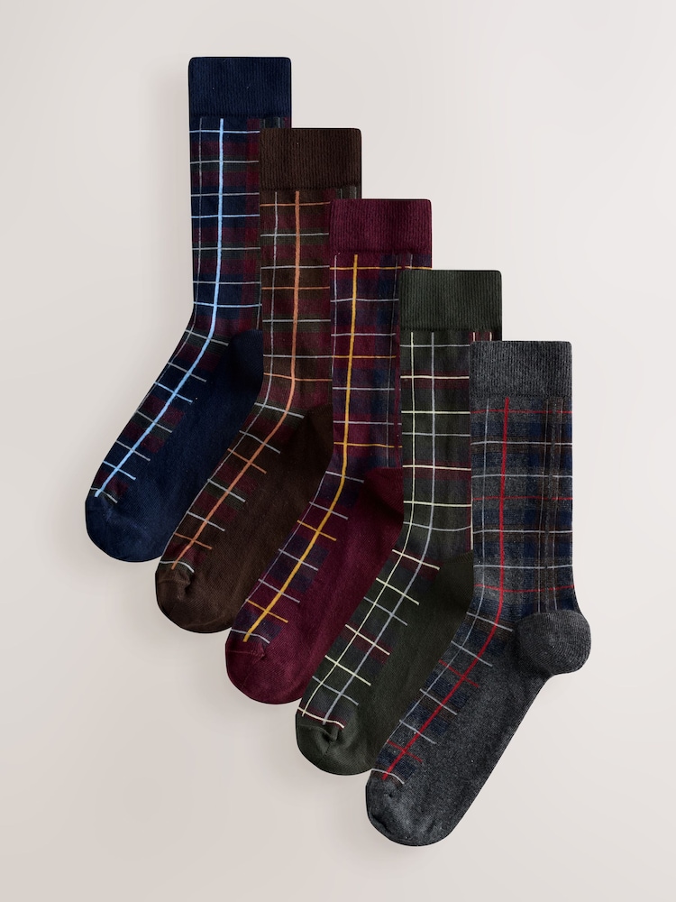 Rich Red/ Blue Check Pattern Socks 5 Pack - Image 1 of 8 Rich Red/ Blue Check Pattern Socks 5 Pack - Image 1 of 8
