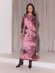 Lipsy Pink Floral Print Jersey Mesh Long Sleeve Midi Dress - Image 1 of 5