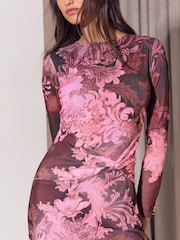 Lipsy Pink Floral Print Jersey Mesh Long Sleeve Midi Dress - Image 2 of 5