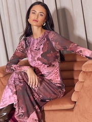 Lipsy Pink Floral Print Jersey Mesh Long Sleeve Midi Dress - Image 4 of 5