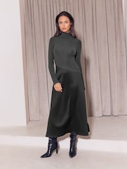 Lipsy Grey Cosy High Neck 2 In 1 Satin Dropped Asym Waist Midi Dress - Image 1 of 6