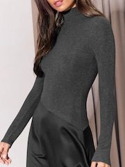 Lipsy Grey Cosy High Neck 2 In 1 Satin Dropped Asym Waist Midi Dress - Image 2 of 6
