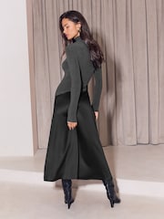 Lipsy Grey Cosy High Neck 2 In 1 Satin Dropped Asym Waist Midi Dress - Image 4 of 6