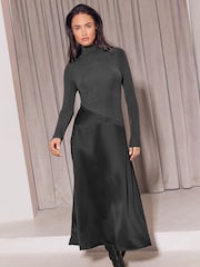 Lipsy Grey Cosy High Neck 2 In 1 Satin Dropped Asym Waist Midi Dress - Image 5 of 6