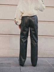 Khaki Green Croc Texture Faux Leather Wide Leg Trousers - Image 4 of 7