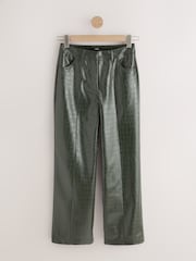 Khaki Green Croc Texture Faux Leather Wide Leg Trousers - Image 5 of 7