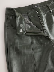 Khaki Green Croc Texture Faux Leather Wide Leg Trousers - Image 6 of 7