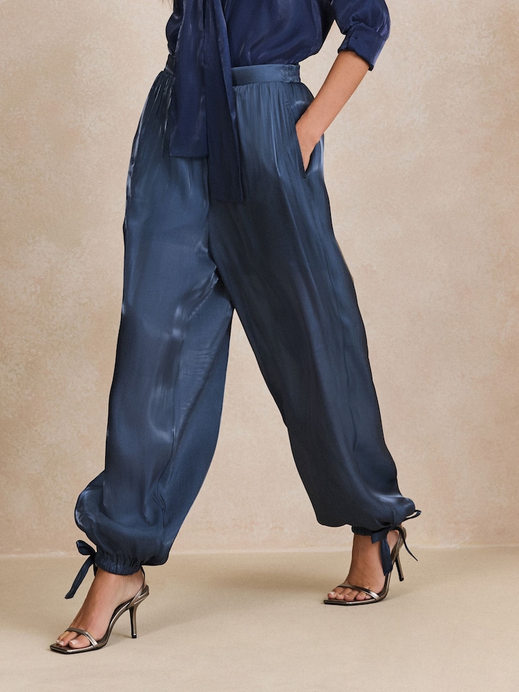 Navy Metallic Balloon Leg Trousers - Image 2 of 8 Navy Metallic Balloon Leg Trousers - Image 2 of 8