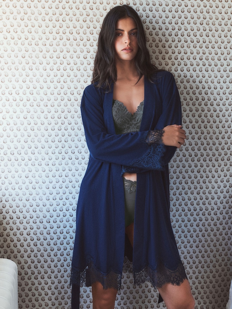 Navy Lace Detail Ribbed Lightweight Dressing Gown - Image 1 of 5