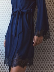 Navy Lace Detail Ribbed Lightweight Dressing Gown - Image 4 of 5