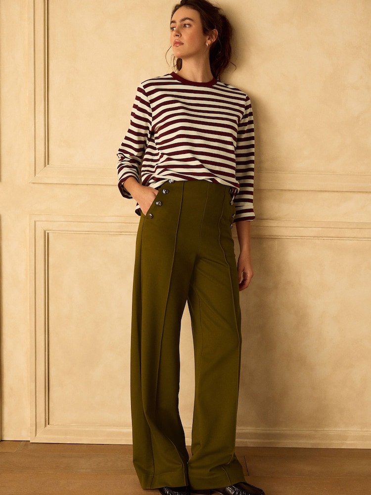 Olive Green Ponte Wide Leg Trousers With Button Detailing - Image 1 of 8 Olive Green Ponte Wide Leg Trousers With Button Detailing - Image 1 of 8