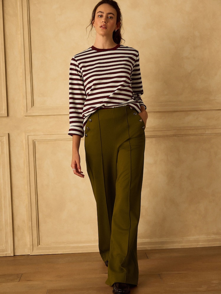 Olive Green Ponte Wide Leg Trousers With Button Detailing - Image 2 of 8 Olive Green Ponte Wide Leg Trousers With Button Detailing - Image 2 of 8