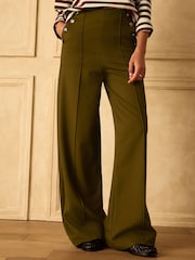 Olive Green Ponte Wide Leg Trousers With Button Detailing - Image 3 of 8