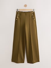 Olive Green Ponte Wide Leg Trousers With Button Detailing - Image 6 of 8