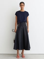 Reiss Dark Blue Skylar Petite Button-Detail Denim Midi Skirt - Image 1 of 7