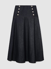Reiss Dark Blue Skylar Petite Button-Detail Denim Midi Skirt - Image 2 of 7