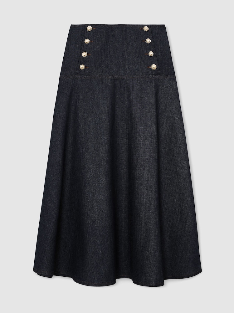 Reiss Dark Blue Skylar Petite Button-Detail Denim Midi Skirt - Image 2 of 7