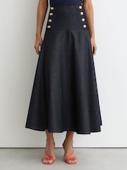 Reiss Dark Blue Skylar Petite Button-Detail Denim Midi Skirt - Image 3 of 7