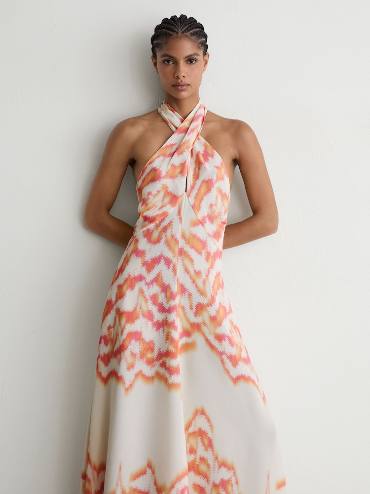 Reiss Coral Orange Leanne Printed Halterneck Maxi Dress - Image 1 of 7 Reiss Coral Orange Leanne Printed Halterneck Maxi Dress - Image 1 of 7