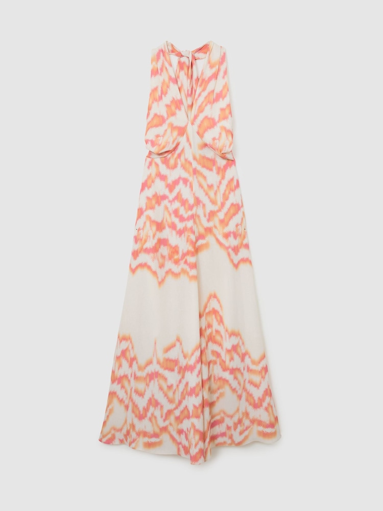 Reiss Coral Orange Leanne Printed Halterneck Maxi Dress - Image 2 of 7 Reiss Coral Orange Leanne Printed Halterneck Maxi Dress - Image 2 of 7