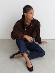 Reiss Burgundy Adrianna Pony Hair-Effect Leather Lace-Up Ballet Flats - Image 1 of 6