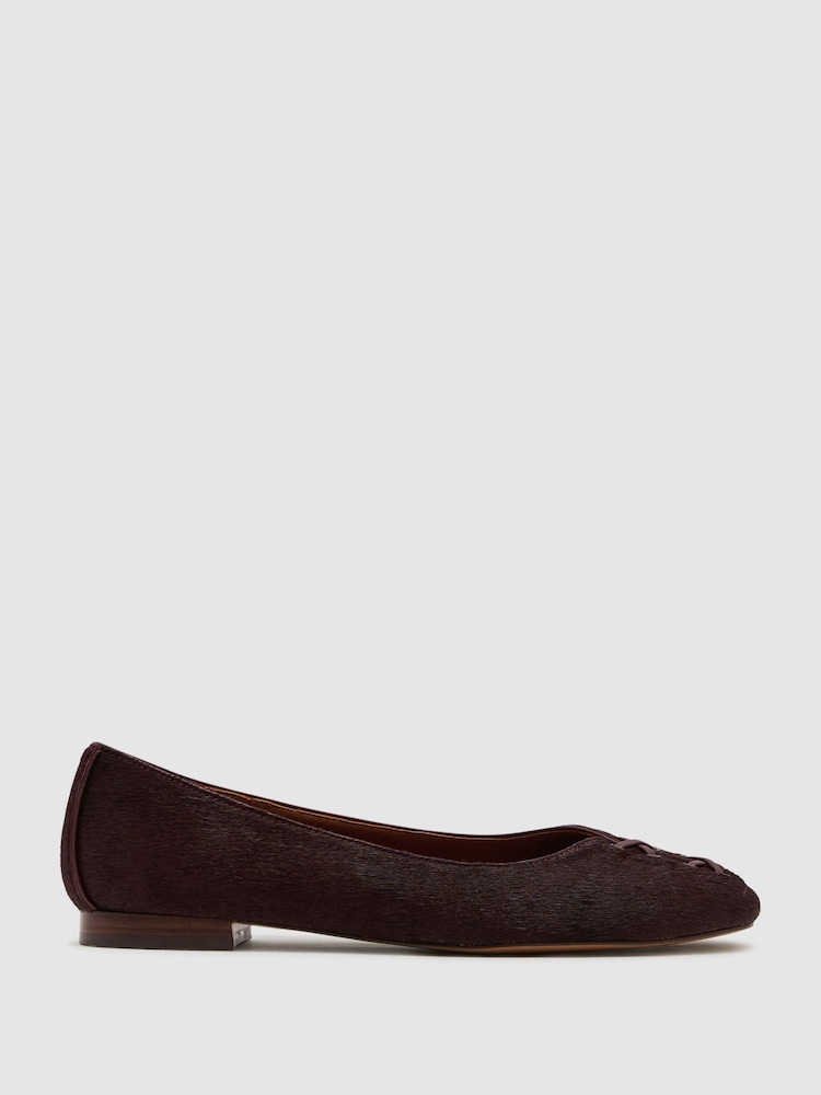 Reiss Burgundy Adrianna Pony Hair-Effect Leather Lace-Up Ballet Flats - Image 2 of 6 Reiss Burgundy Adrianna Pony Hair-Effect Leather Lace-Up Ballet Flats - Image 2 of 6