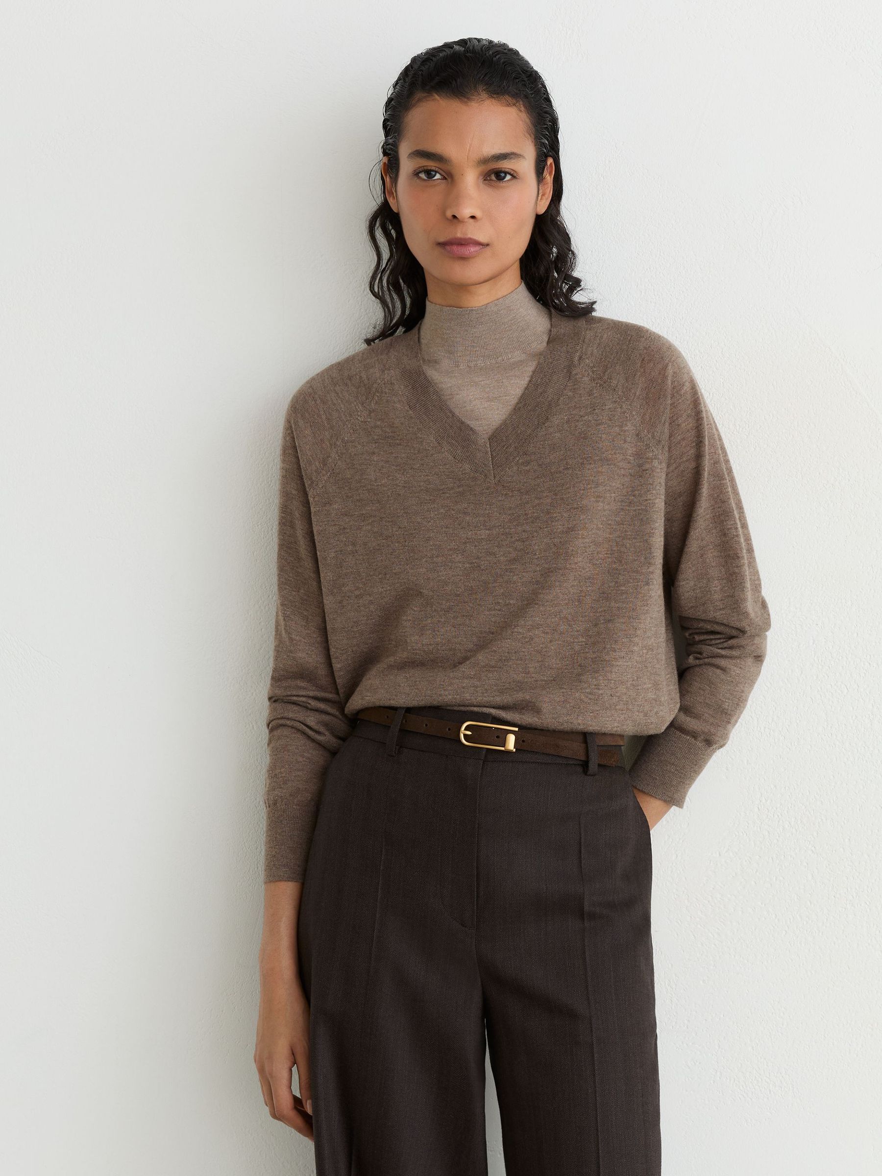 Buy Reiss Mocha Brown Paris Merino Wool V-Neck Jumper from the