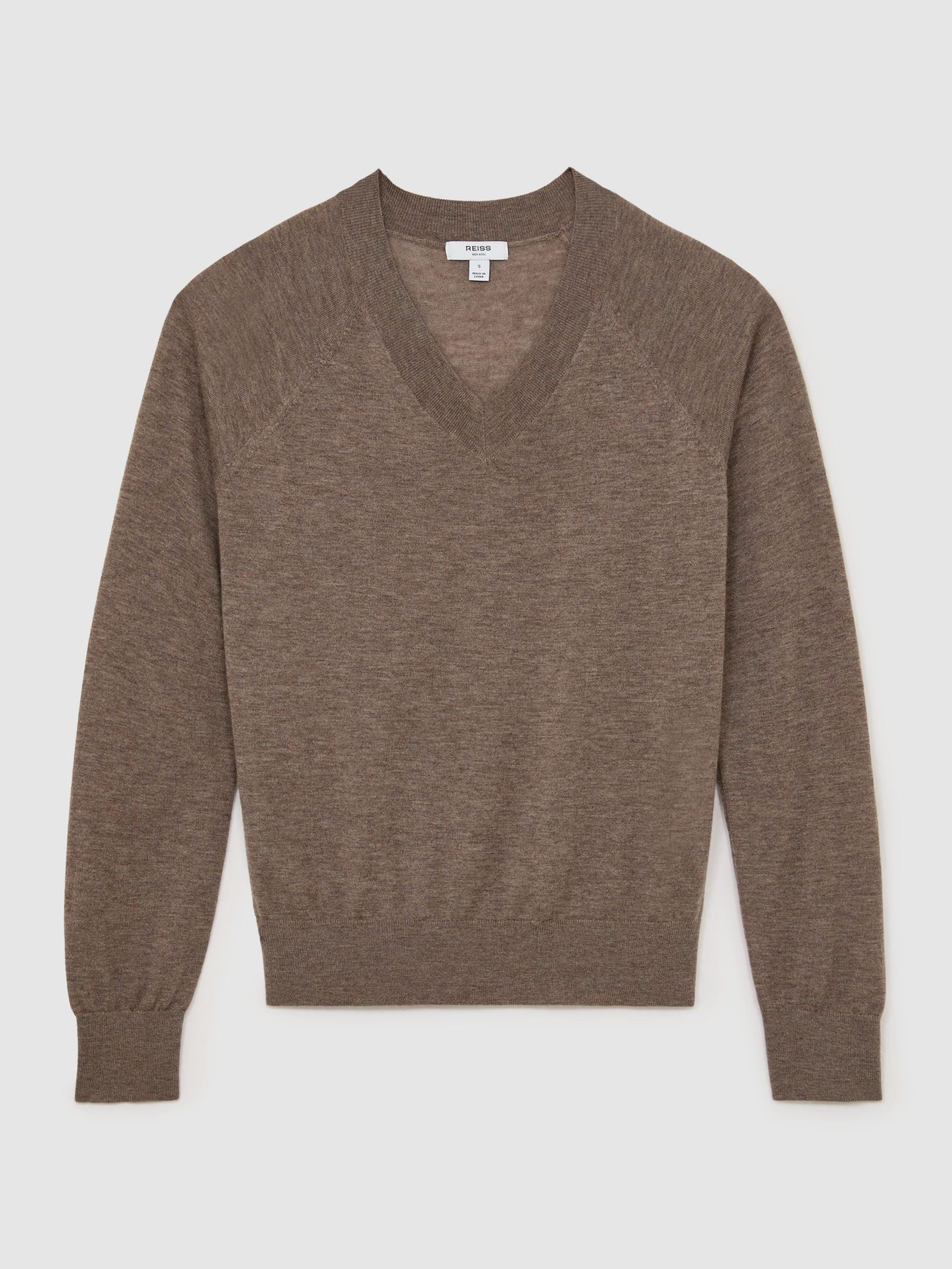 Buy Reiss Mocha Brown Paris Merino Wool V-Neck Jumper from the