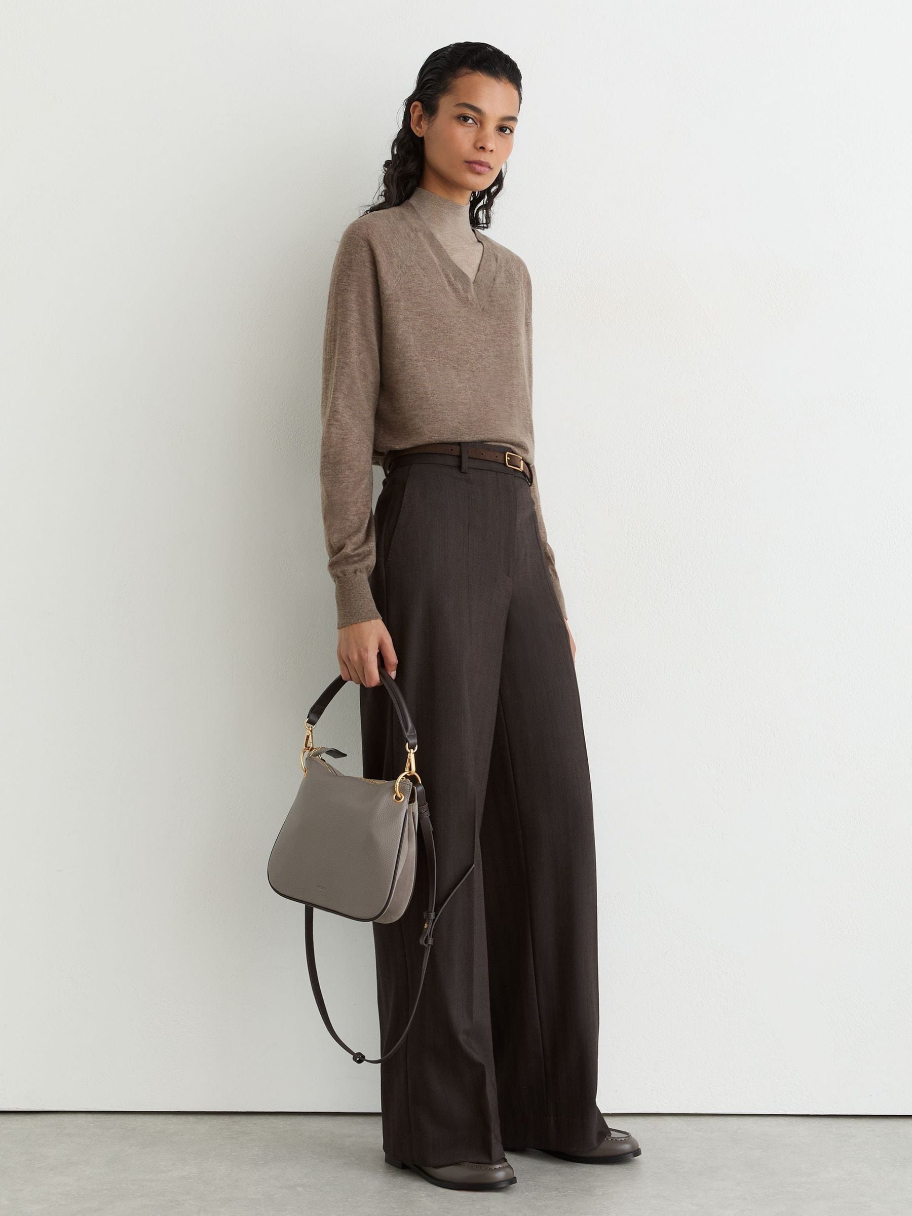 Buy Reiss Mocha Brown Paris Merino Wool V-Neck Jumper from the