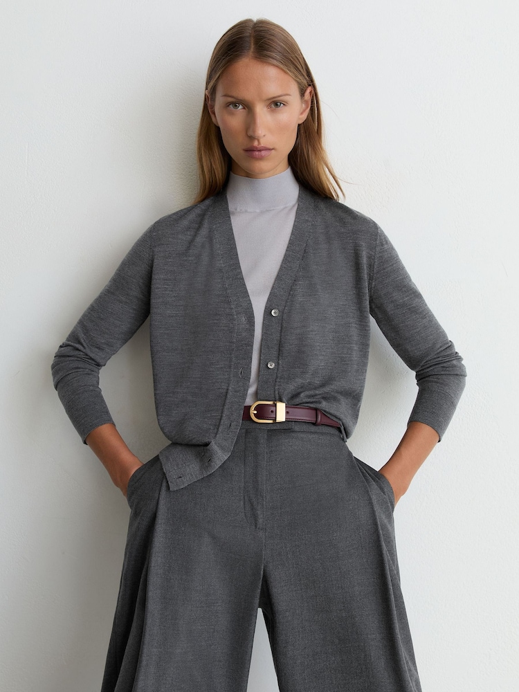 Reiss Charcoal Grey Simi Merino Wool V-Neck Cardigan - Image 1 of 6 Reiss Charcoal Grey Simi Merino Wool V-Neck Cardigan - Image 1 of 6