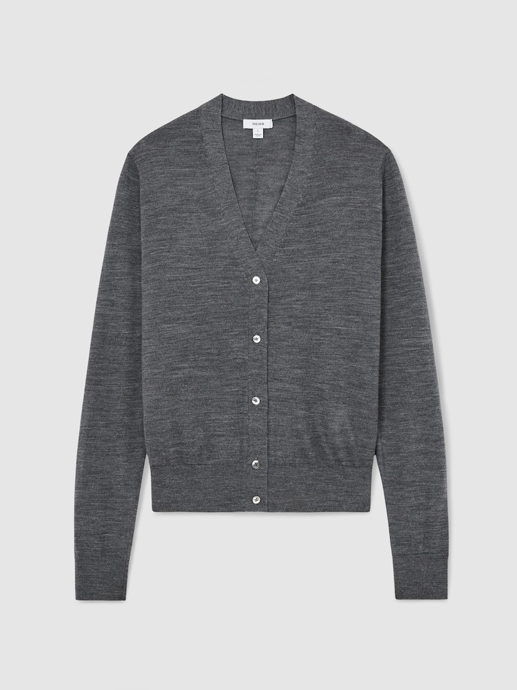 Reiss Charcoal Grey Simi Merino Wool V-Neck Cardigan - Image 2 of 6 Reiss Charcoal Grey Simi Merino Wool V-Neck Cardigan - Image 2 of 6