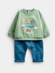 Jojo Maman Bébé Green Farmyard Baby Appliqué Sweatshirt & Jogger Set - Image 1 of 6