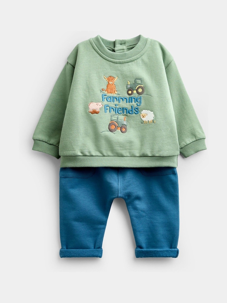 Jojo Maman Bébé Green Farmyard Baby Appliqué Sweatshirt & Jogger Set - Image 1 of 6 Jojo Maman Bébé Green Farmyard Baby Appliqué Sweatshirt & Jogger Set - Image 1 of 6