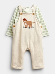 JoJo Maman Bébé Oat Marl Highland Cow Appliqué Dungaree Set - Image 1 of 6