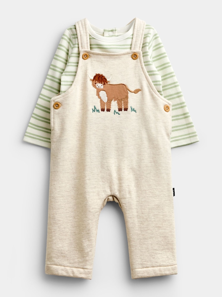 JoJo Maman Bébé Oat Marl Highland Cow Appliqué Dungaree Set - Image 1 of 6 JoJo Maman Bébé Oat Marl Highland Cow Appliqué Dungaree Set - Image 1 of 6