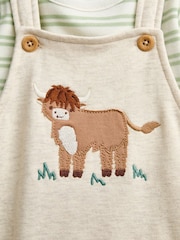 JoJo Maman Bébé Oat Marl Highland Cow Appliqué Dungaree Set - Image 6 of 6