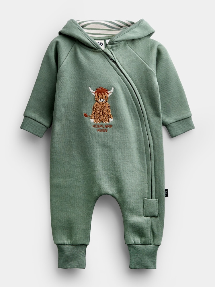 JoJo Maman Bébé Green Highland Cow Jersey Romper - Image 1 of 4 JoJo Maman Bébé Green Highland Cow Jersey Romper - Image 1 of 4