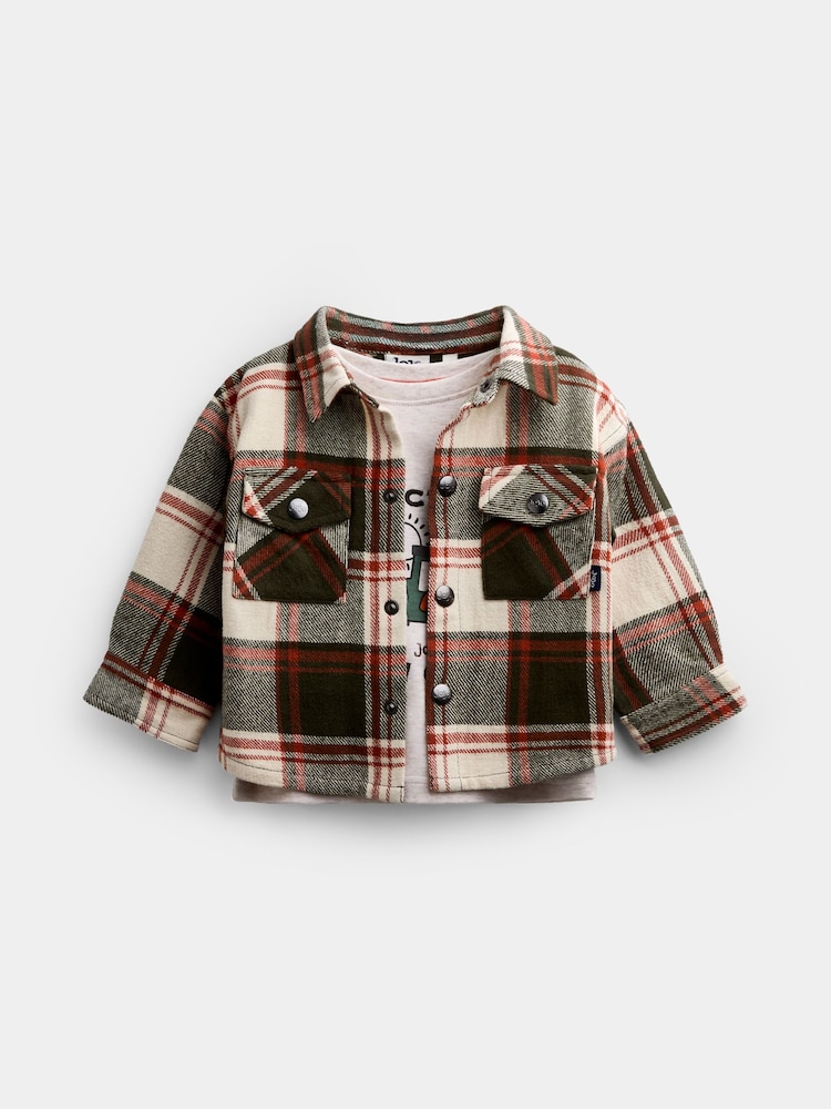 JoJo Maman Bébé Khaki Green Check Brushed Shirt & T-Shirt - Image 1 of 7