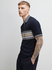 River Island Blue Slim Fit Stripe Panel Polo Shirt - Image 1 of 4