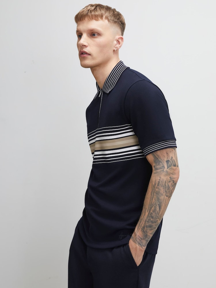 River Island Blue Slim Fit Stripe Panel Polo Shirt - Image 1 of 4
