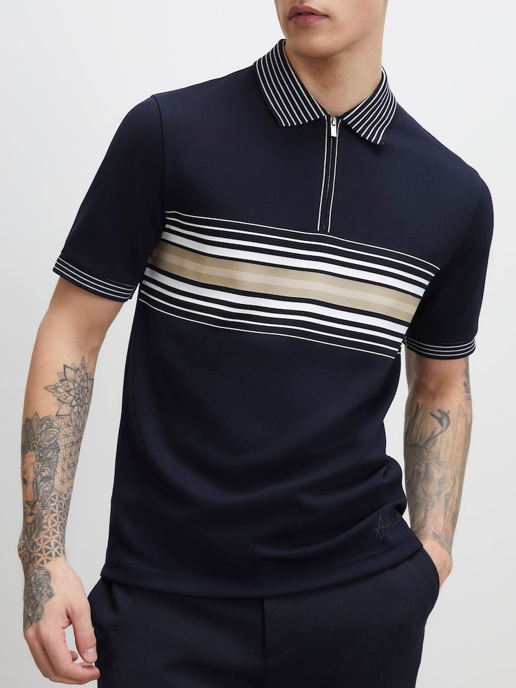 River Island Blue Slim Fit Stripe Panel Polo Shirt - Image 2 of 4