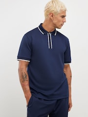 River Island Blue Slim Fit Textured Zip Polo Shirt - Image 1 of 4