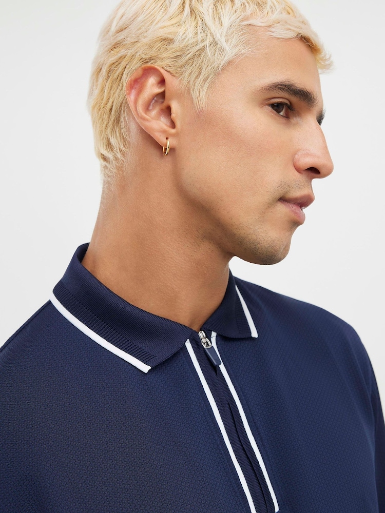 River Island Blue Slim Fit Textured Zip Polo Shirt - Image 4 of 4