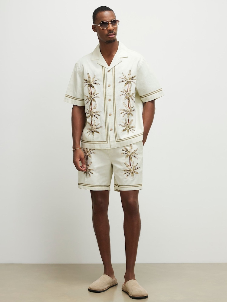 River Island Cream Embrodierred Palm Pull On Shorts - Image 1 of 4